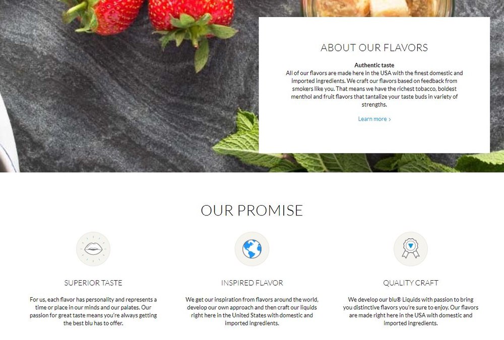 blu.com page: About Our Flavors and Our Promise