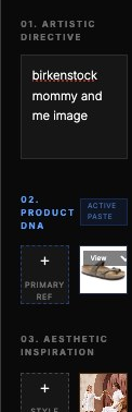 Close-up of the input rail: the three-word artistic directive 'birkenstock mommy and me image', the Product DNA reference thumbnail, and the Aesthetic Inspiration reference thumbnail