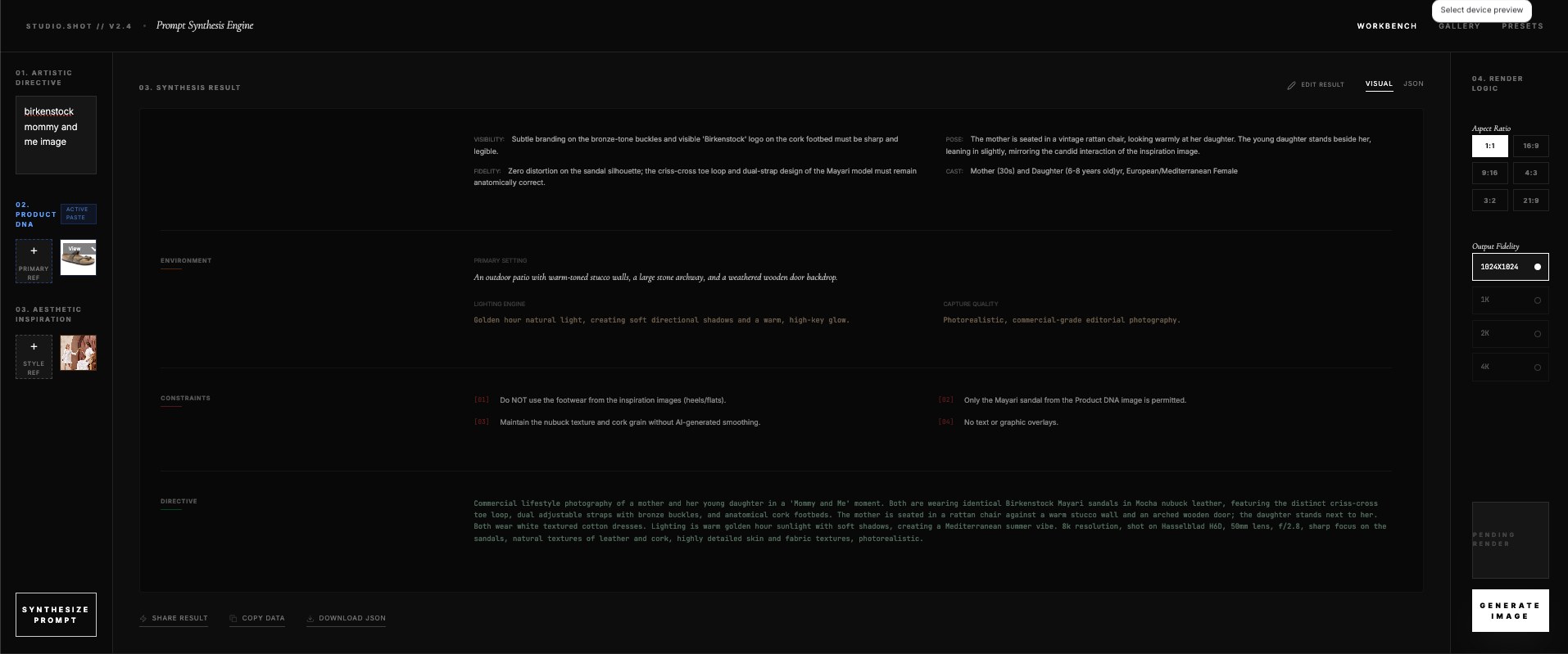 The Prompt Synthesis Engine workbench: a three-word artistic directive and two reference images on the left, and the full synthesized spec — visibility, fidelity, pose, cast, environment, lighting, constraints, and directive — on the right